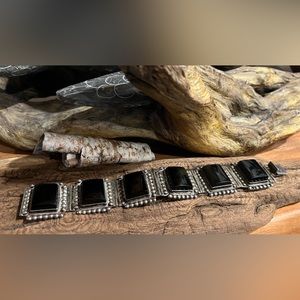 Taxco Mexico Eagle 35 RRA Bracelet Panel Onyx Modernist Mexico Sterling Silver